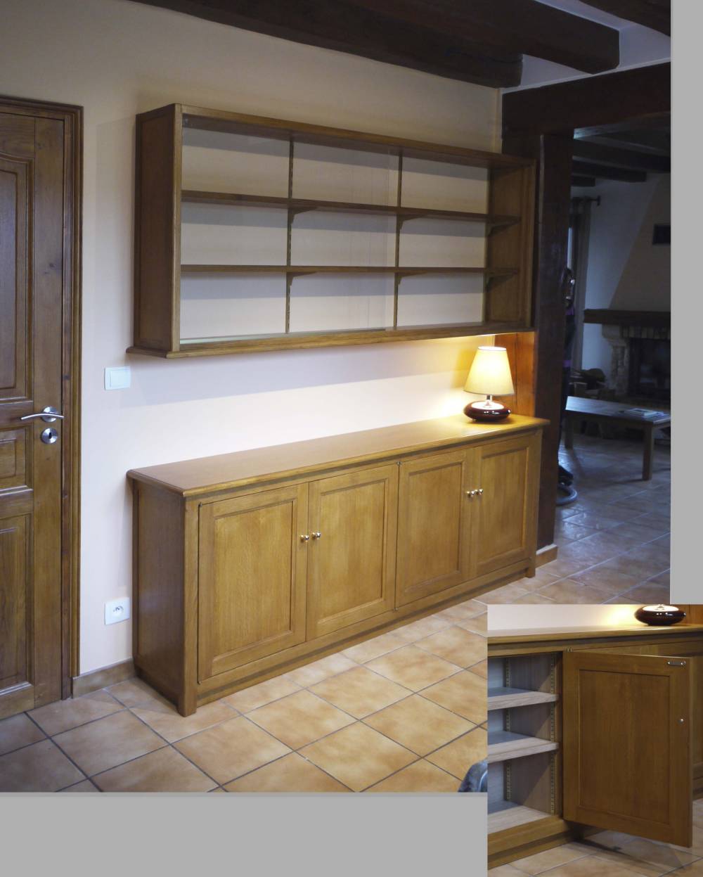 enfilade basse et vitrine suspendue en chêne et placage chêne